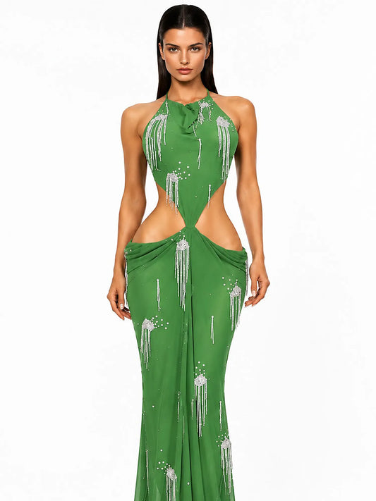 Sabrina Pleated Cut-Out Metallic Tassel Maxi Dress In Green