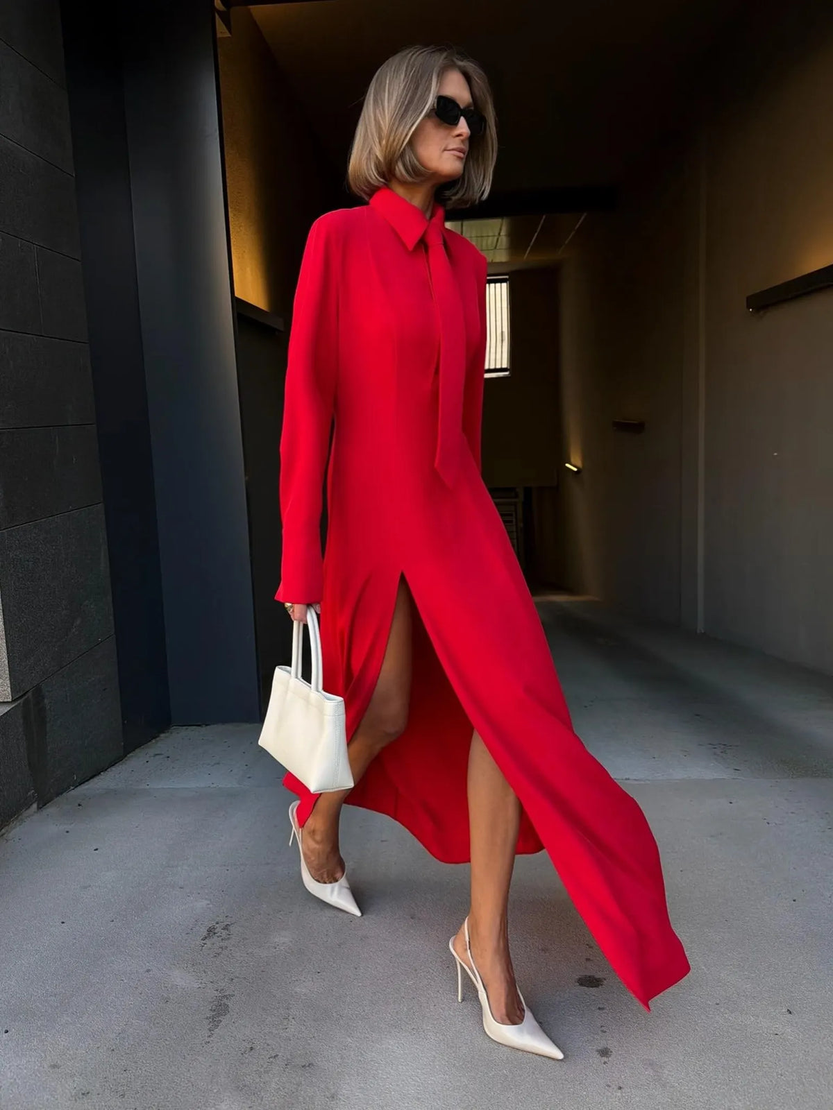Elowen Tie Neck Slit Maxi Dress In Red
