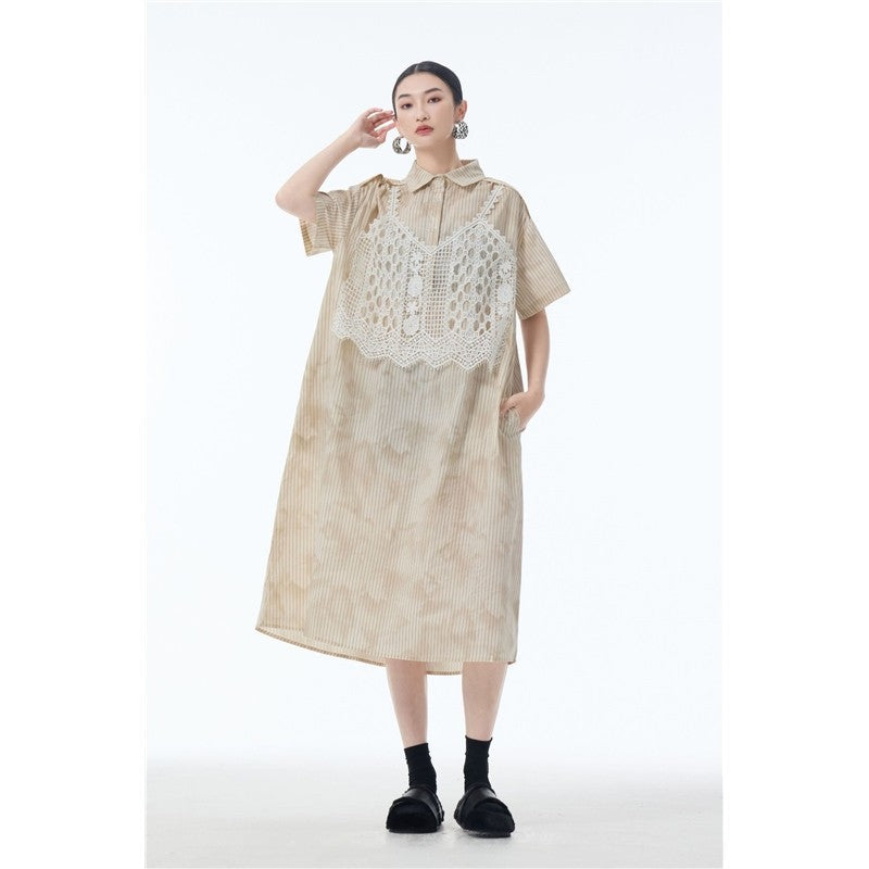 Lace Trim Polo Collar Short Sleeve A Line Dress