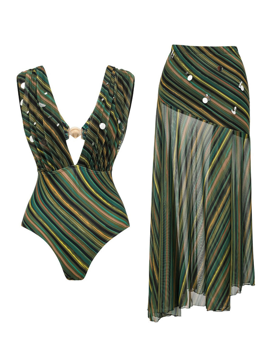 Lorelei Striped Sequined Swimsuit Set