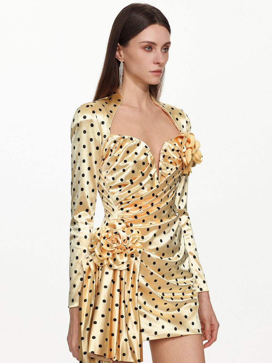 Avalynn Long Sleeve Pleated Polka Dot Floral Mini Dress