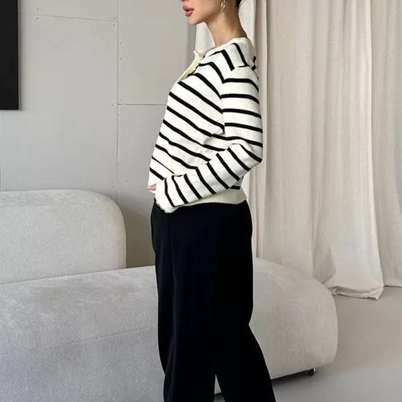 Round Neck Striped Long Sleeve Knit Cardigan