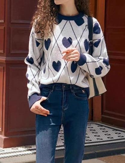Sweet Heart Jacquard Crew Neck Knit Sweater