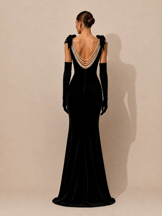 Raina Velvet Open-Back Maxi Dress with Pearl Chain
