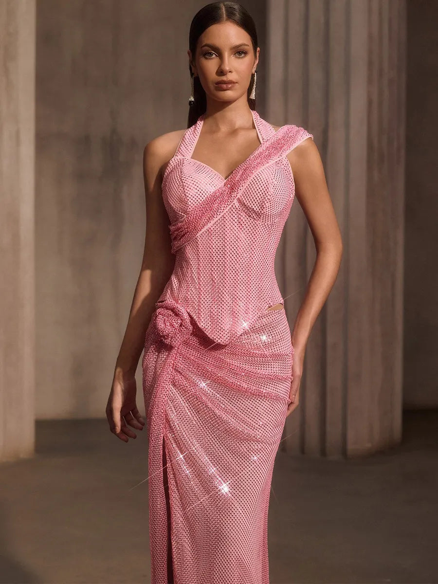 Marisol Rhinestone Mesh Split Flower Maxi Dress