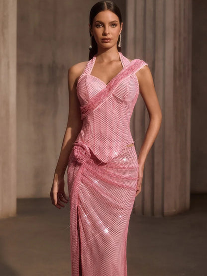 Marisol Rhinestone Mesh Split Flower Maxi Dress