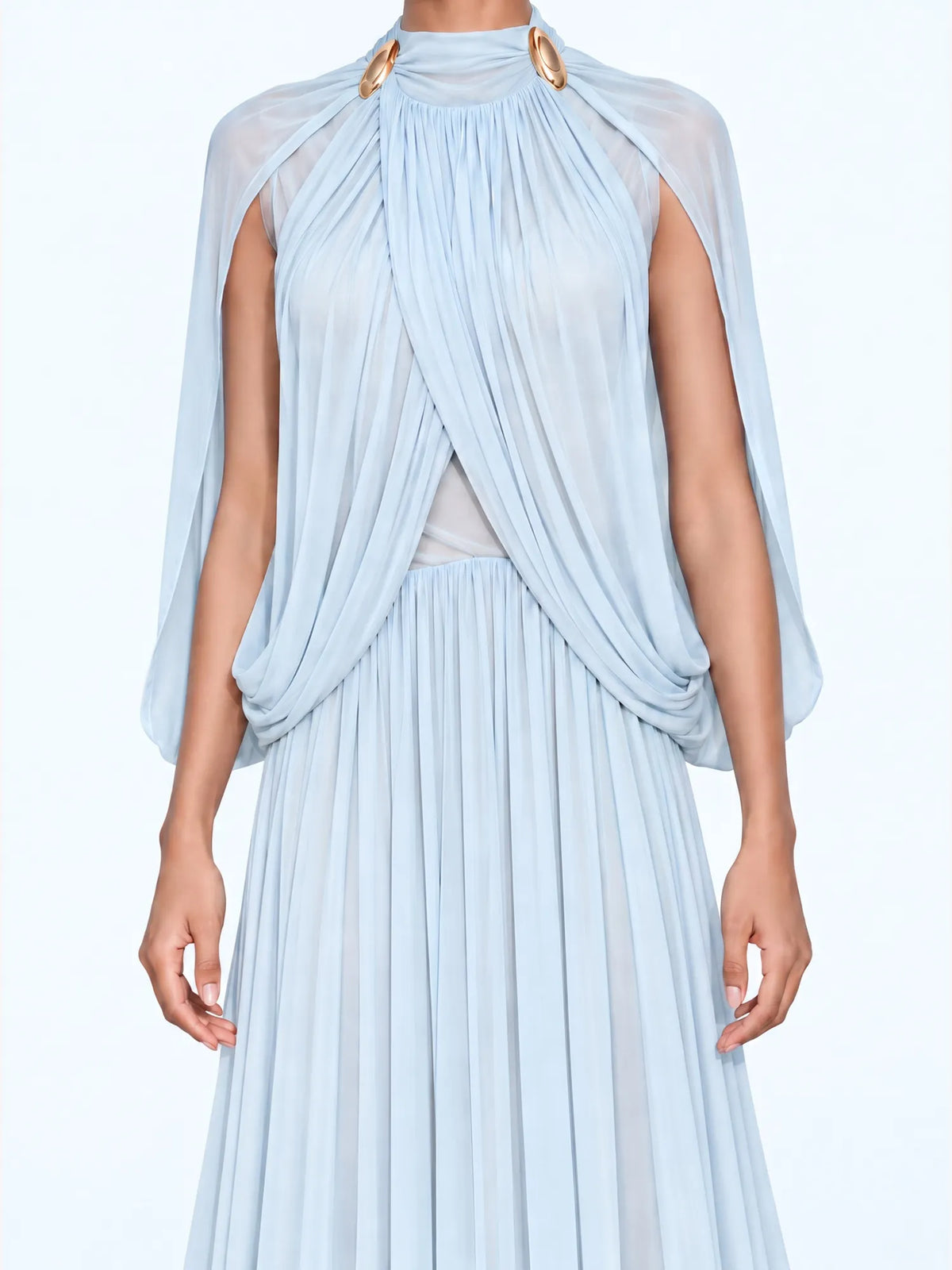 Mirabelle Stand-Collar Pleated Maxi Dress