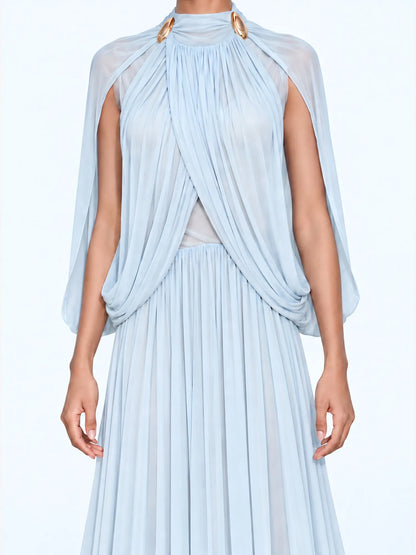 Mirabelle Stand-Collar Pleated Maxi Dress