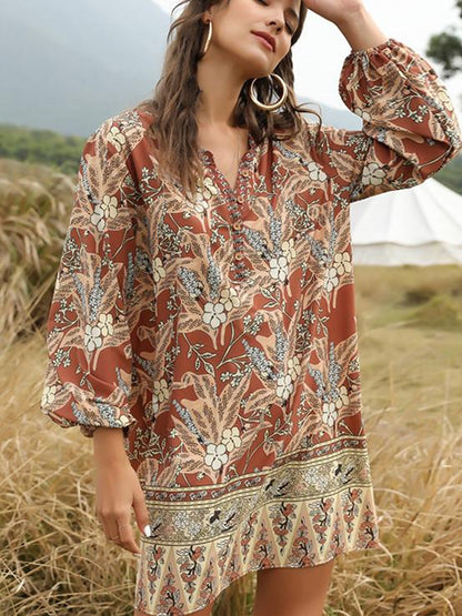 Summer And Spring Bohemian V-Neck Casual Dress Printed Dress Medium Length Skirt