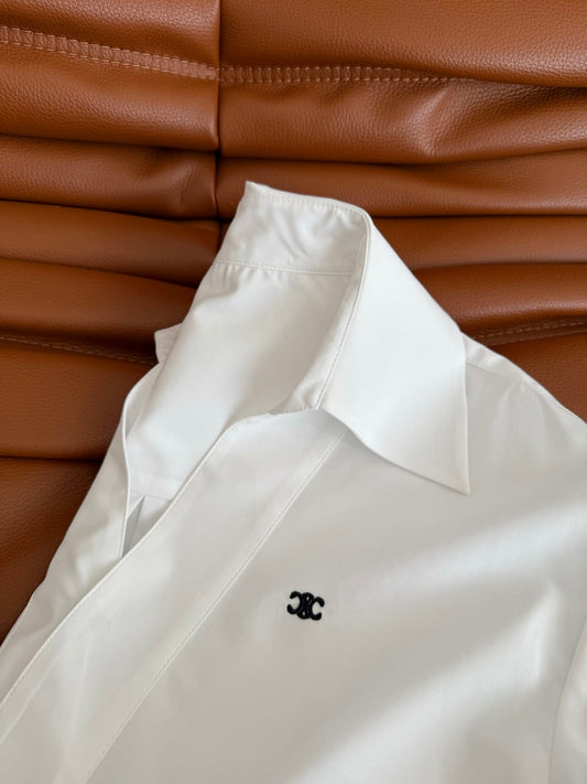 Celine 25 Arc de Triomphe Logo Embroidered V-neck Shirt White Cotton