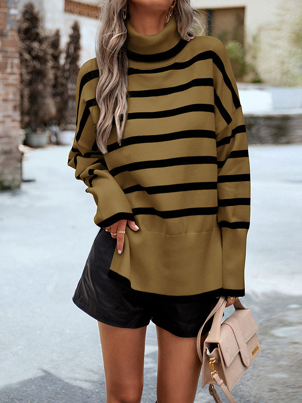 Loose Wrap Contrast Color Split-Side Striped High-Neck Sweater Tops