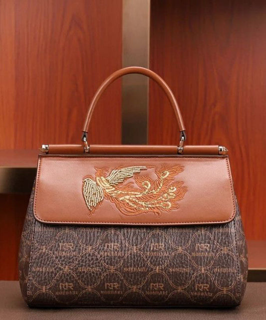 Elegant Brown Embroideried Calf Leather Tote Handbag