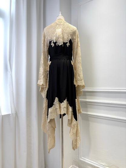 Zimmermann 2025 Hypnotic Satin Wrap Dress Black Cream Lace Silk