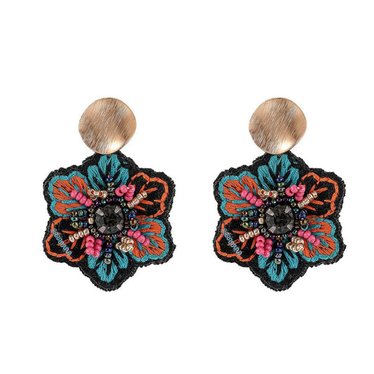 Earwish - Boho Fabric Floral Earrings - Blue / Green