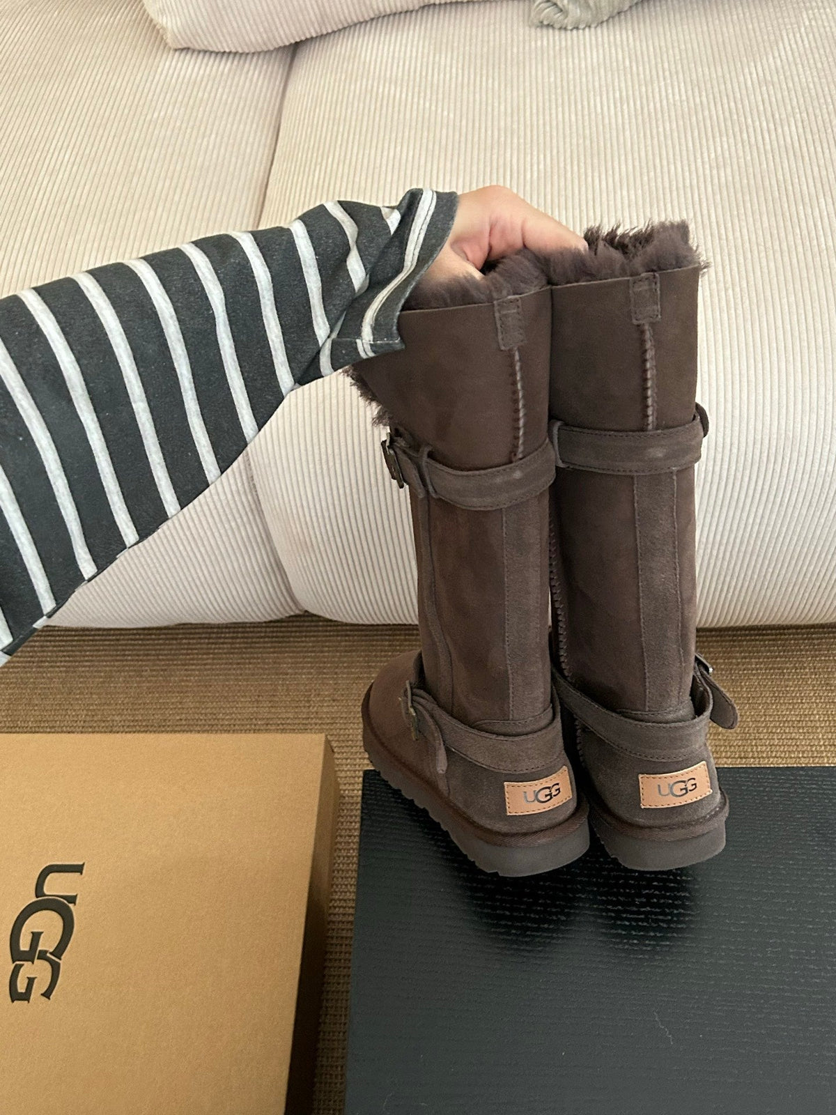 UGG Platform Foldable Tall Boots Dark Brown Suede Shearing