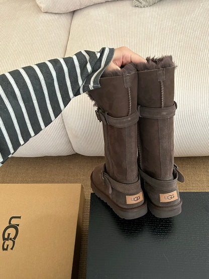 UGG Platform Foldable Tall Boots Dark Brown Suede Shearing