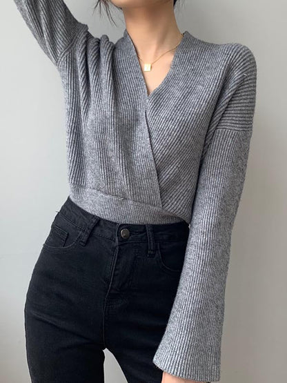 Stylish 6 Colors Knitting V-Neck Asymmetric Sweater