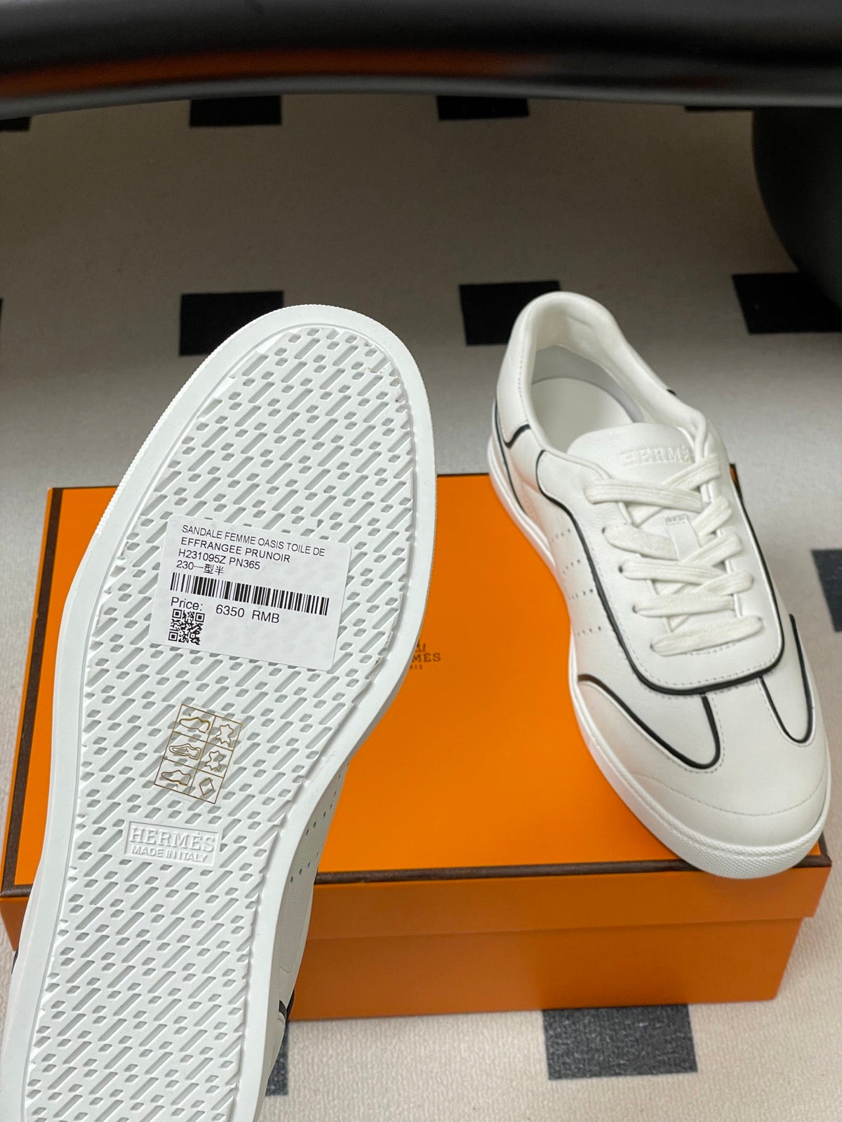 Hermes 26 Match Sneakers White Black in Calfskin 594338