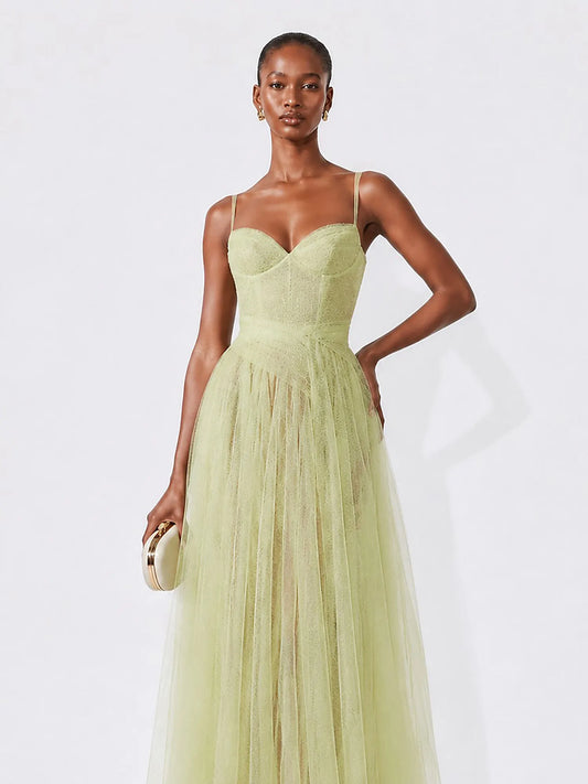 Romina Elegant Tulle Spaghetti Strap Maxi Dress