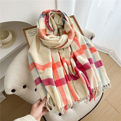 Color Block Plaid Fringe Scarf