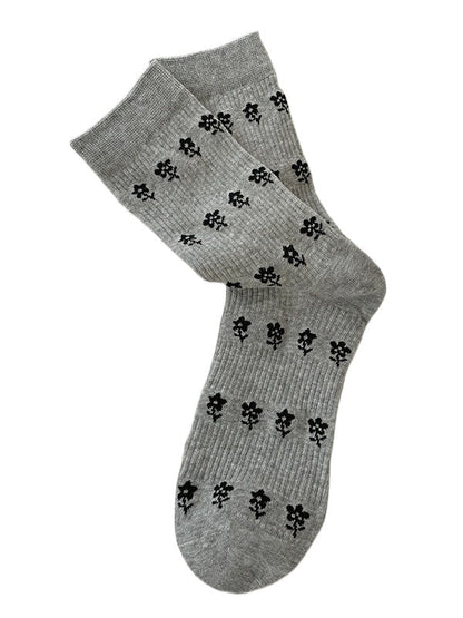 Rufia - Gray Floral Bow Mid-Calf Socks for Women