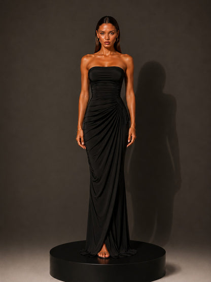 Isabella Strapless Ruched Bodycon Maxi Dress In Black