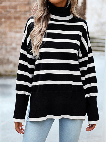 Loose Wrap Contrast Color Split-Side Striped High-Neck Sweater Tops