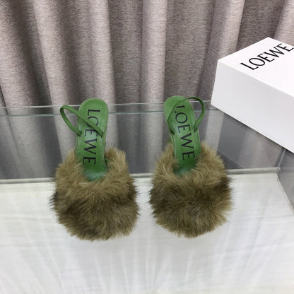 Loewe 25SS Fur-lined Mule 100 Green in Fox Fur 597443