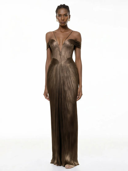 Savannah Brown Draped Satin Maxi Dress