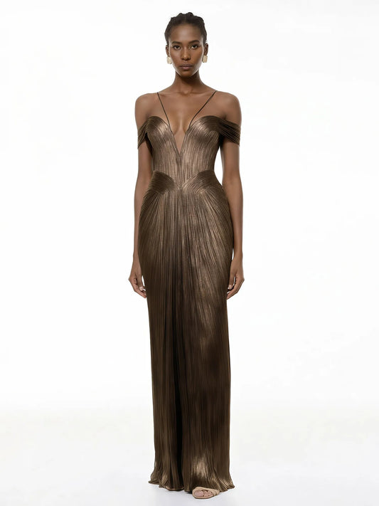 Savannah Brown Draped Satin Maxi Dress