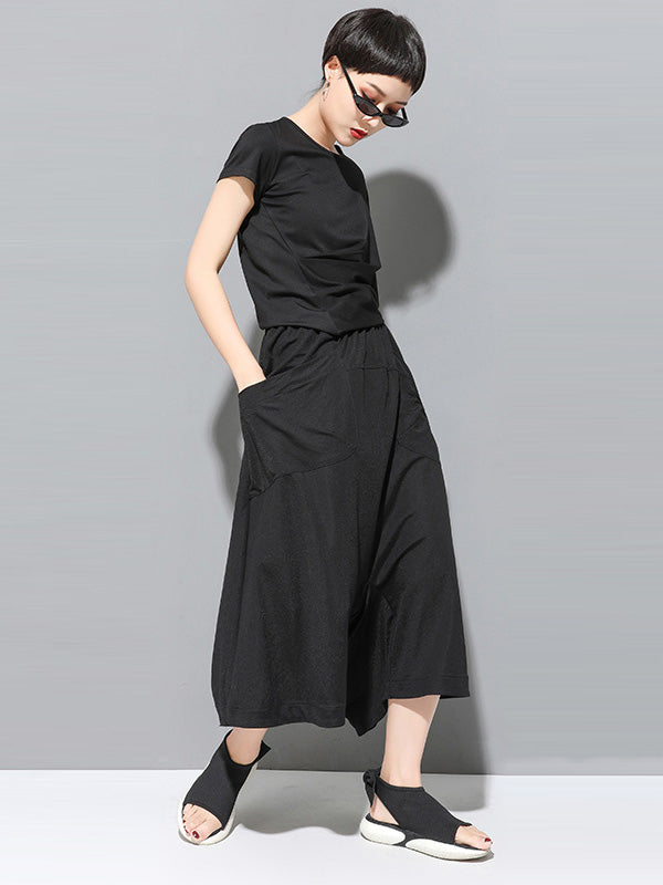 Simple Loose Wide Leg Solid Color Casual Three-Quarter Pants Bottoms