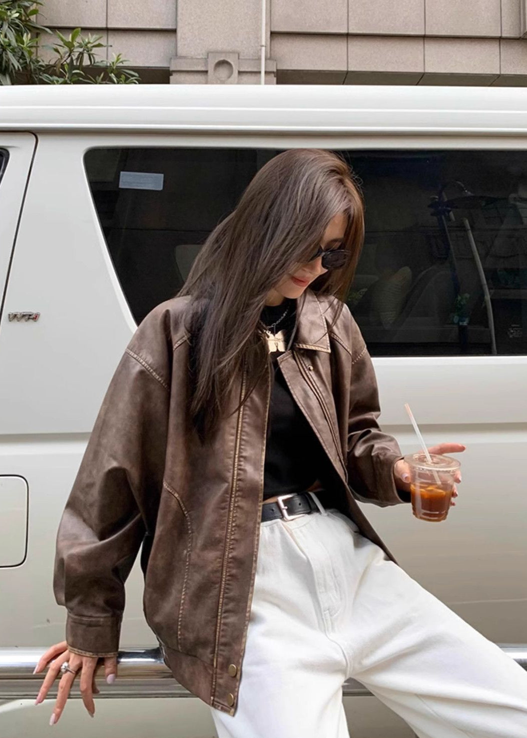 Oversized Faux Leather Jacket Vintage Brown