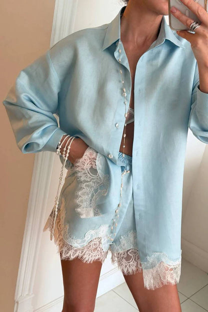 Emma Lapel Long-Sleeve Shirt & Lace-Paneled Shorts Set
