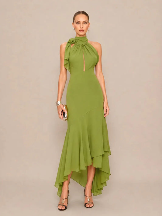 Junia Mesh Halter Midi Dress with Tie Detail
