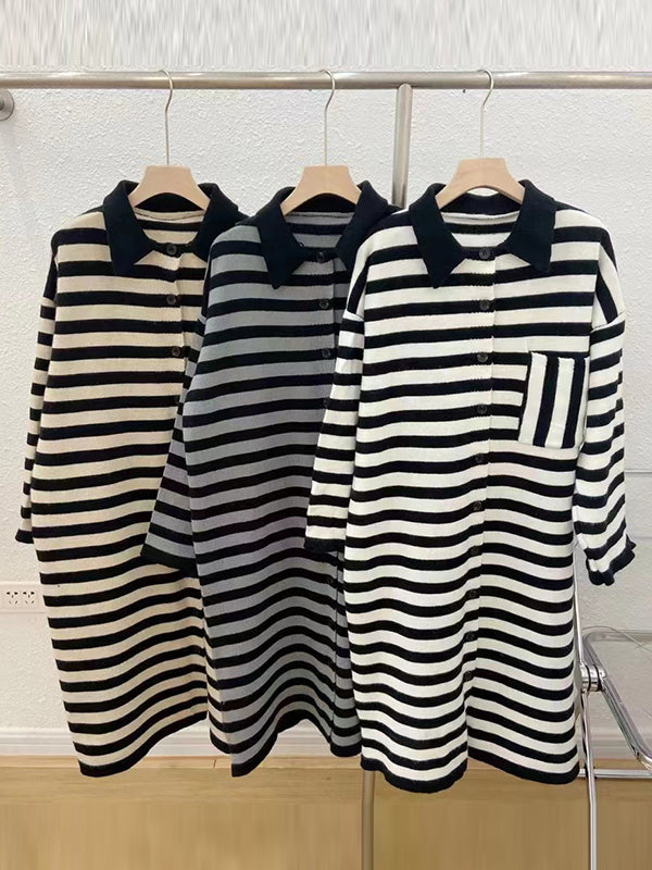Urban Long Sleeves Loose Striped Polo Sweater Dresses