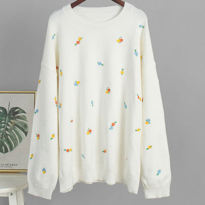 Simple Embroidered Flower Round Neck Cardigan