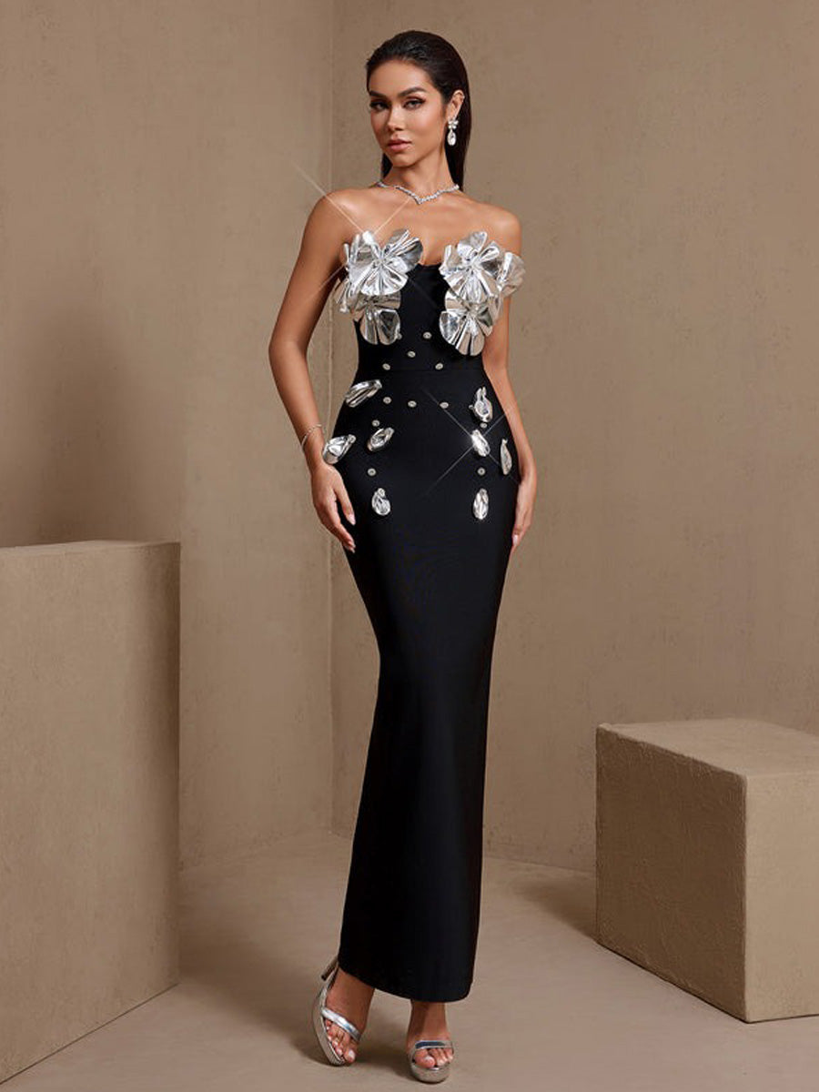 Imelda Silver-Plated Flowers Bandage Maxi Dress
