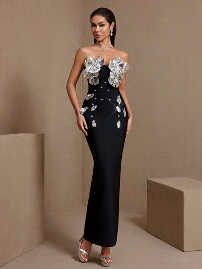 Imelda Silver-Plated Flowers Bandage Maxi Dress