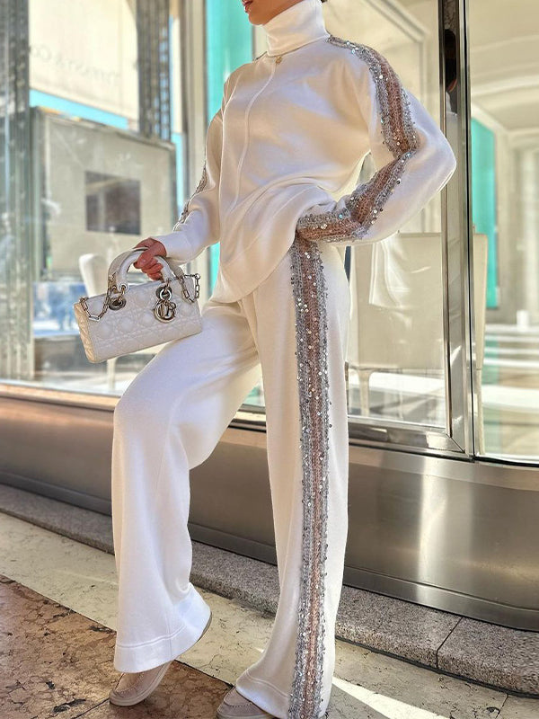 Wrap Contrast Color Sequined Split-Joint High-Neck Sweater Tops&Pants Suits
