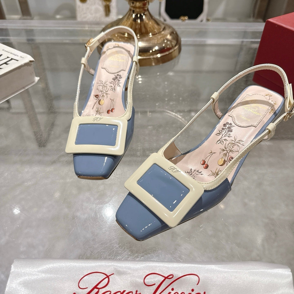 Viv 25 Flower Slingback Blue Italian Leather 300787
