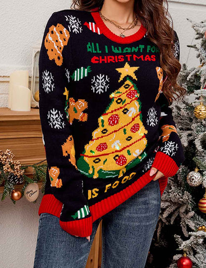 Casual Christmas Tree Jacquard Crew Neck Sweater