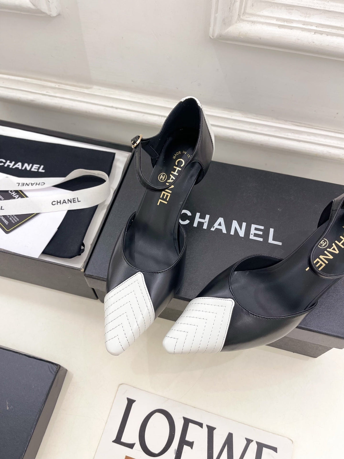 CC 26 SS Double C Slingback 7.5cm White Black Calfskin 586934