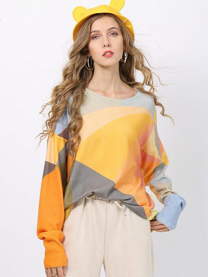 Fashion Stitching Printed Sweater Women'S European And American Large Pullover Long Sleeve Crew Neck Loose Knit
