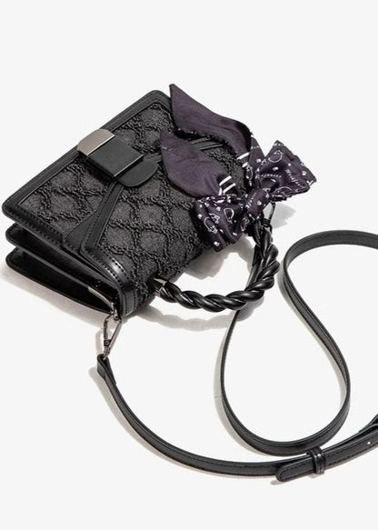 Textured Faux Leather Mini Handbag With Printed Bow