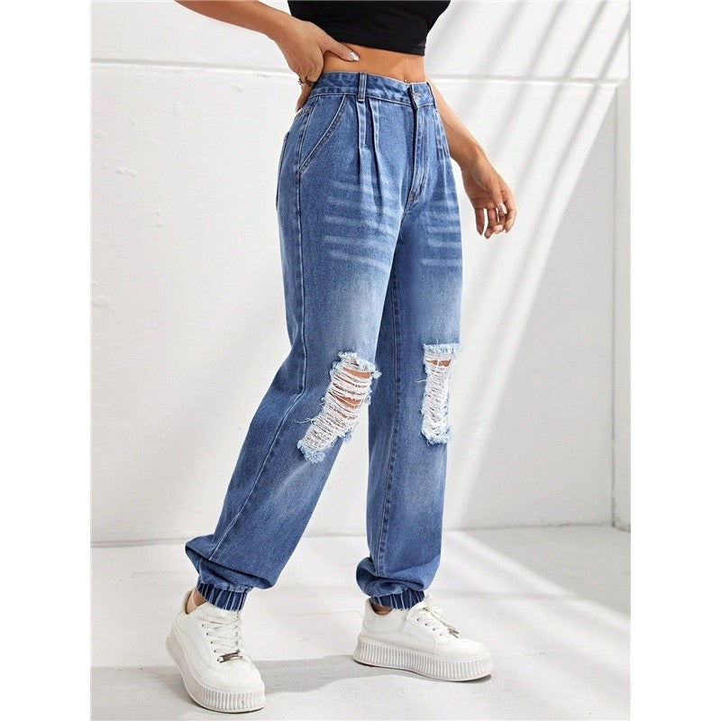 Casual High-Waist Slimming Loose Ripped Ripped Jeans