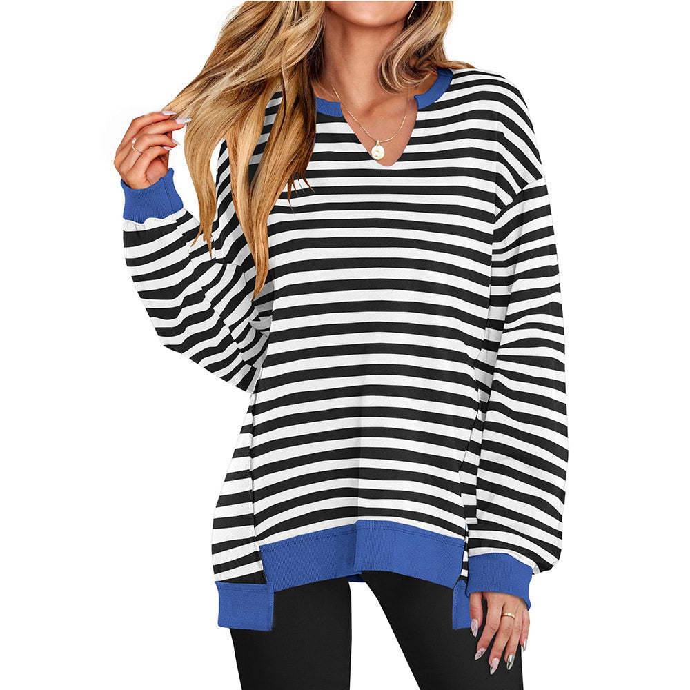 Color Striped V-Neck Loose Hoodie
