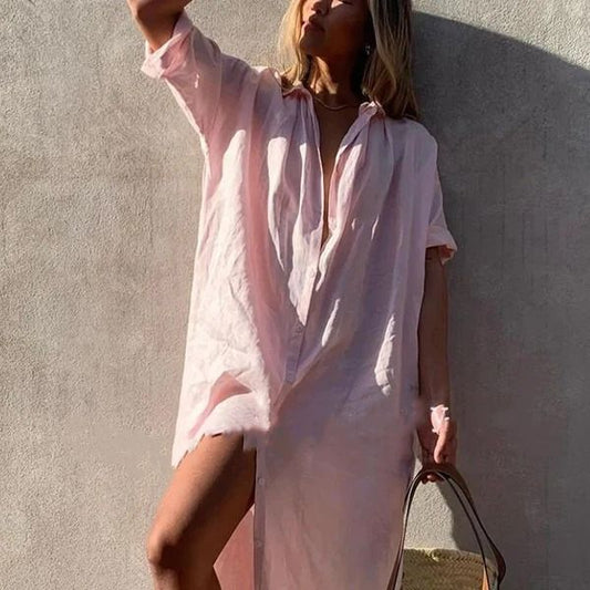 Solid Color Casual Long Sleeve Midi Cotton Linen Shirt Dress