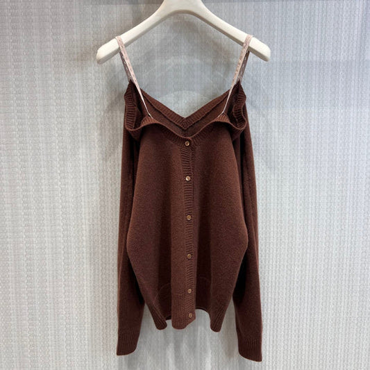 Miumiu 2026 Off-Shoulder Camisole Cardigan Caramel Cashmere 356940