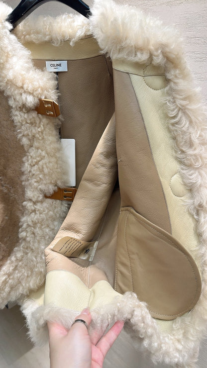 CELINE Shearling Brown Coat with Wool Trim 333327