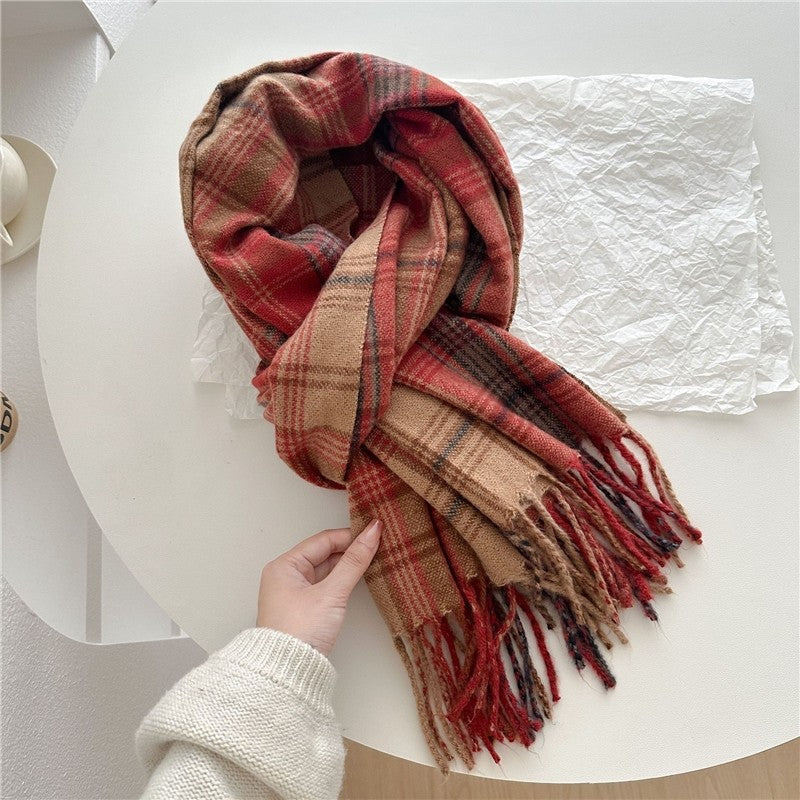 Color Block Plaid Fringe Scarf